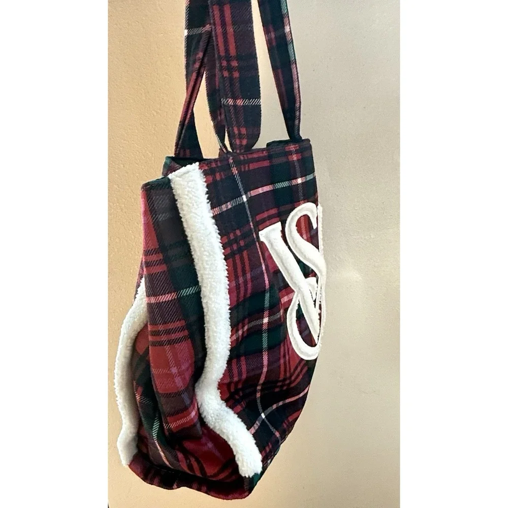 Victoria's Secret VS Faux Fur‎ Sherpa Plaid Flannel Large Tote Bag Purse Red